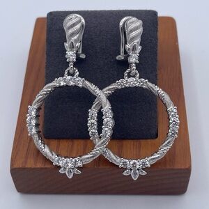 Judith Ripka Sterling Silver CZ Circle Drop Earrings 925 Rope Texture Omega Back